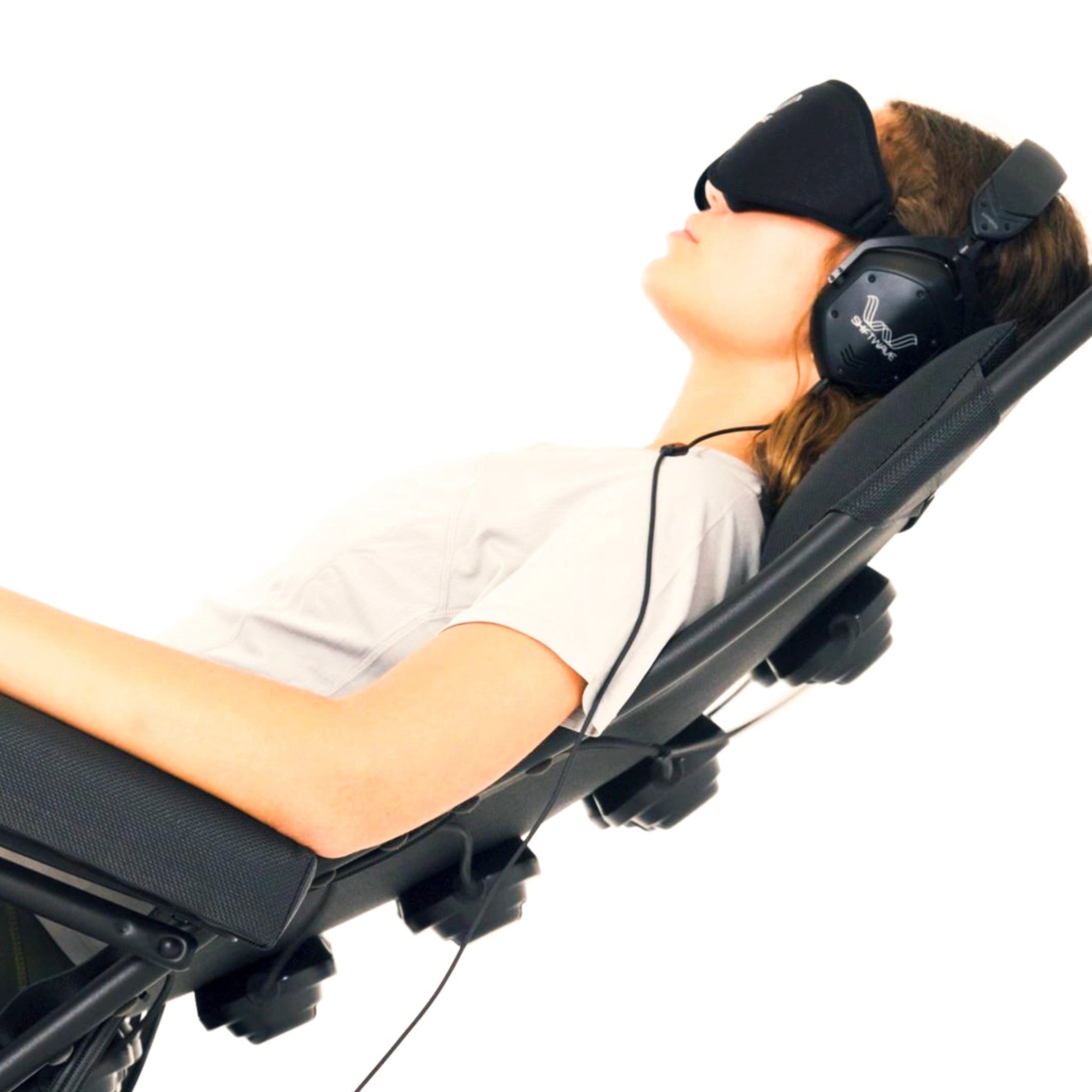 Shiftwave Pro showing transducers, eye mask and headphones on fully reclined.