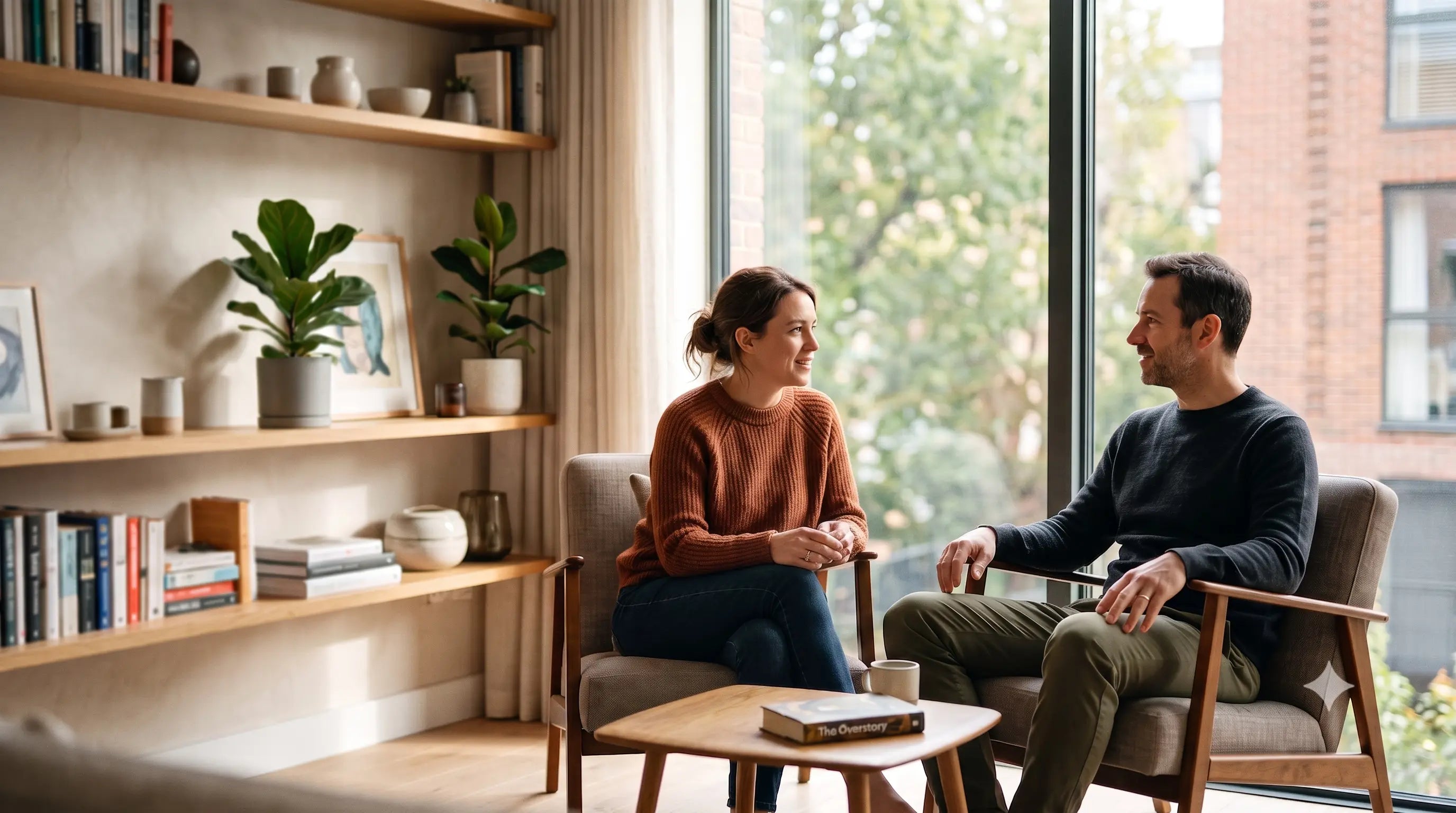 Two people in conversation near a window