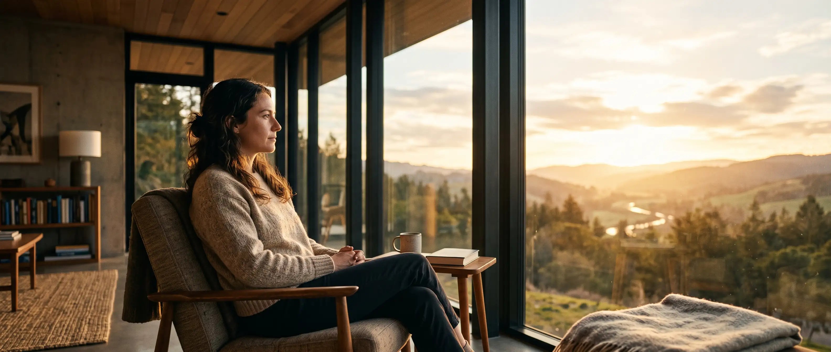 Person by a window holding a mug during a quiet reset