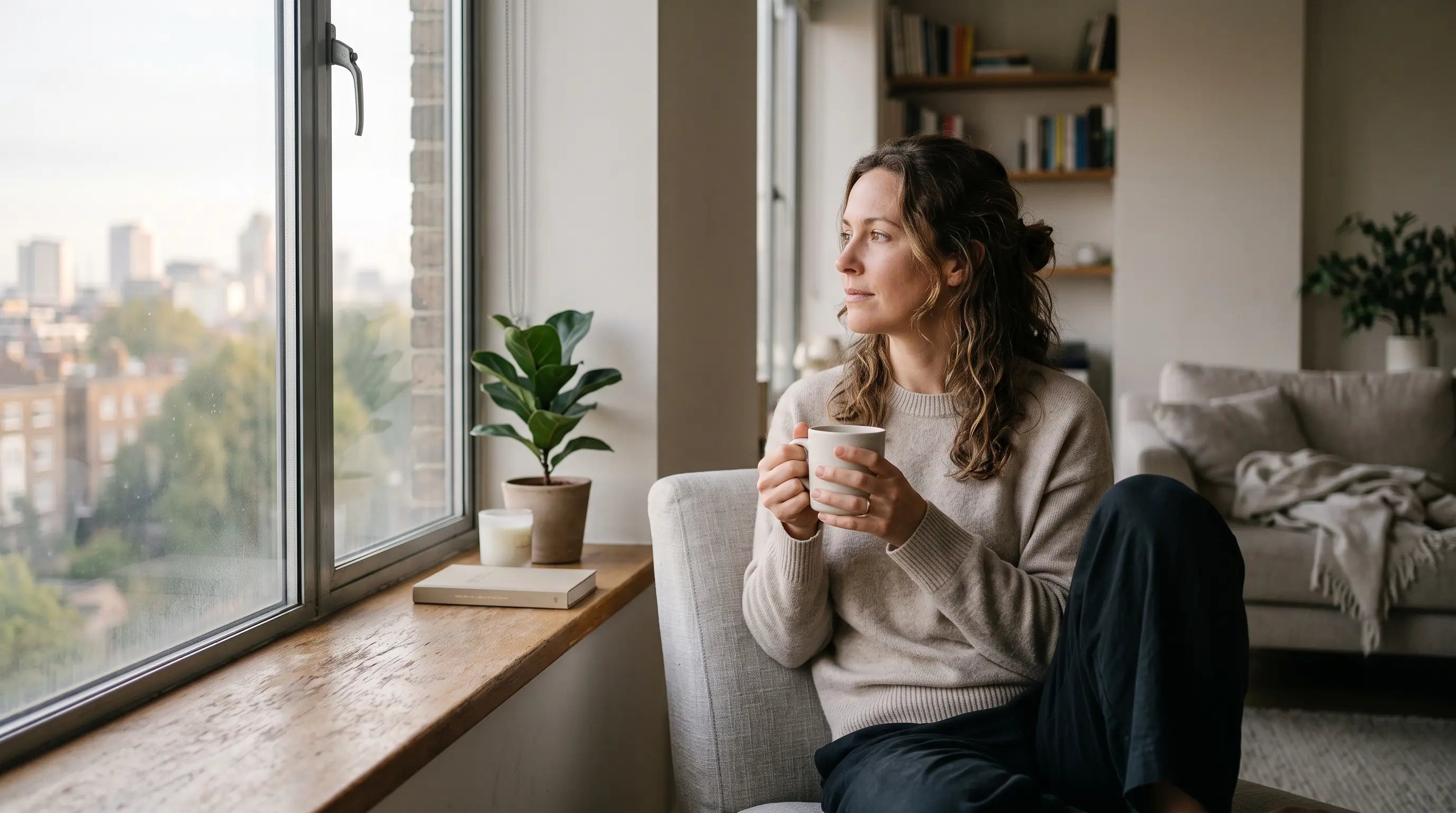 Person sitting by a window during a quiet moment